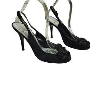 Stuart Weitzman Black Satin Beaded‎ Rosette Peep Toe Slingback Heels Size 10